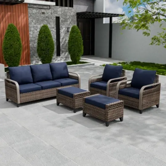 EAGLE PEAK Wicker Patio Conversation Set, 2 Chairs, 3-Seat Loveseat and 2 Ottomans, 5 Pieces image {1}