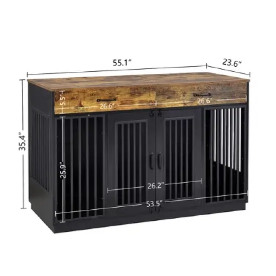 VECELO 55.1" Dog Crate, Wooden Decorative Dog Kennel Indoor With 2 Drawers for Medium/Large Dogs, Brown image {2}