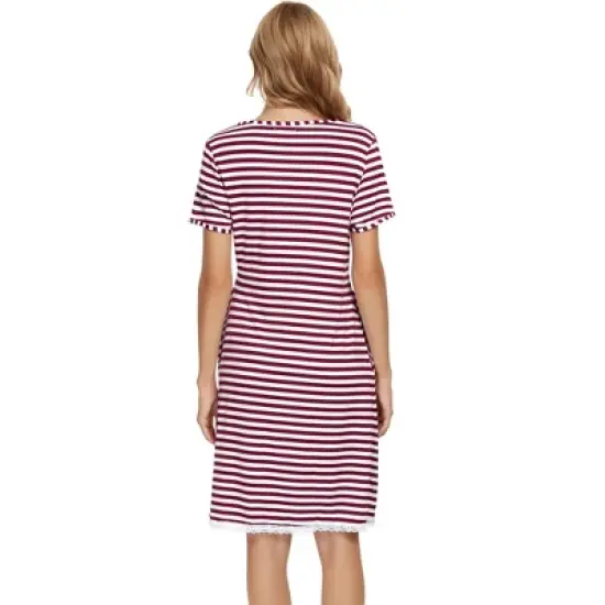 cheibear Womens Pajama Dress Nightshirt Stripe Sleepwear V-Neck Lounge Soft Nightgown image {3}