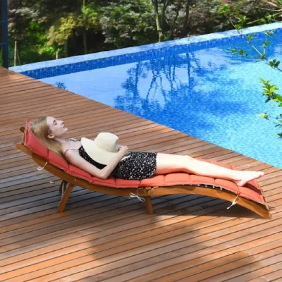 Costway Folding Wooden Outdoor Lounge Chair Chaise Red/White Cushion Pad Pool Deck image {3}