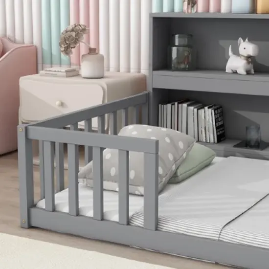 Okak Twin/Full Size Bed Frame with Bedside Bookcase & Guardrails,Storage Floor Bed for Toddlers/Kids Bedroom image {3}