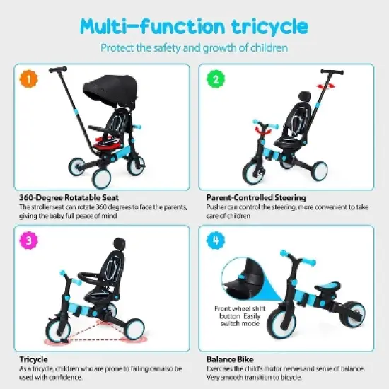 7-in-1 Foldable Baby Tricycle - Adjustable Parent Handle & Canopy - Safety Harness & Guardrail - Trike/Balance Bike for 1-6 Year Olds image {5}