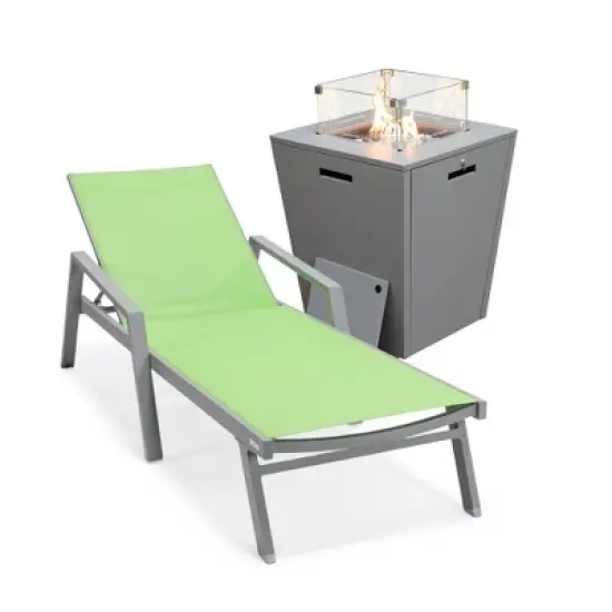 LeisureMod Marlin Modern Grey Aluminum Outdoor Patio Chaise Lounge Chair With Arms and Square Fire Pit Side Table image {19}