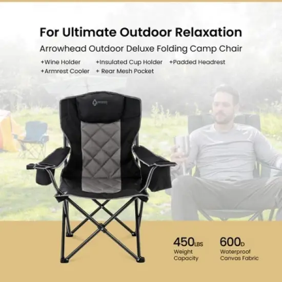 Arrowhead Outdoor Portable Folding Camping Quad Chair w/ 6-Can Cooler, Heavy-Duty Carrying Bag, Supports up to 450lbs (Charcoal Black) image {1}