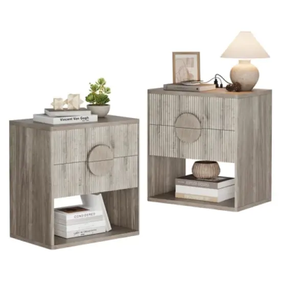 GustoWave Mid Century Modern Nightstand Set of 2, Fluted Night Stand with Charging Station,22.6" Wide Wood Bedside Table, Sofa End Table image {8}