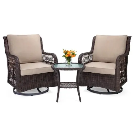 Outdoor Wicker Bistro Set with 2 Swivel Rocking Chairs and Glass Table, Patio Furniture for Deck, Balcony, Garden image {8}