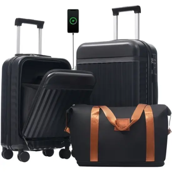 3-Piece Hardside Luggage Set, Front-Opening Carry-on Suitcase with USB Port, Expandable Luggage with Handle Bag & TSA Lock - ModernLuxe image {13}