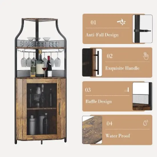 CuisinSmart Corner Wine Bar Cabinet with Detachable Wine Rack, Bar Cabinet with Glass Holder, Small Sideboard and Buffet Cabinet with Mesh Door image {3}