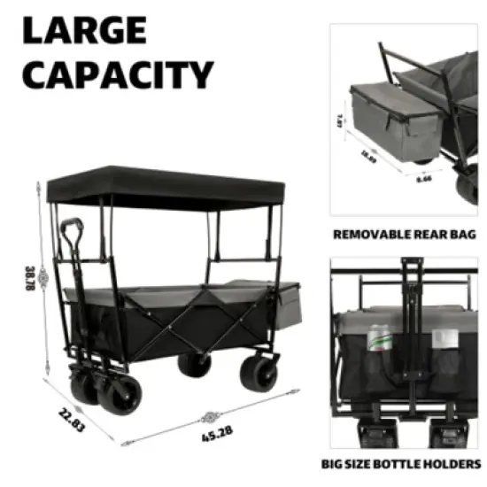 FURNIinspire Outdoor Serving Carts 480Lbs Collapsible Wagon with Canopy Lightweight Foldable Wagon with Mosquito Net, Black, 45.28"*22.83"*38.78" image {2}