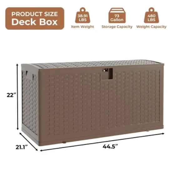 73 Gallon Outdoor Resin Deck Box, Waterproof Lockable Patio Storage Container, Brown Rattan-Style Deck Box image {1}