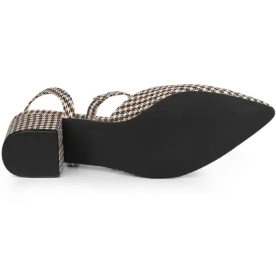Perphy Houndstooth Printed Pointed Toe Slingback Chunky Heels Mules for Women image {4}