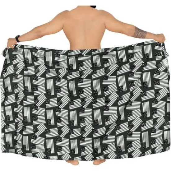 LA LEELA Men's Patriotic 4th of July American Flag Summer Sarong Swim Trunk Long Pareo Beach Wrap One Size Black Allover US Flag image {3}