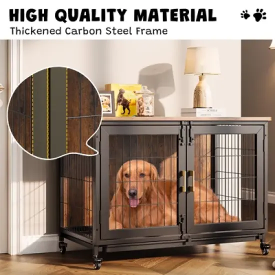 37.5 Inch Dog Kennel Furniture, Heavy Duty Dog Crate Furniture with Wheels, Grid Base, Removable Tray, Latches, Indoor Farmhouse Dog Cage image {5}