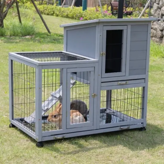 Sandinrayli Rabbit Hutch Indoor Outdoor Bunny Cage 39" L Large 2-Story Wooden Small Animal House Enclosure with Wheels image {1}