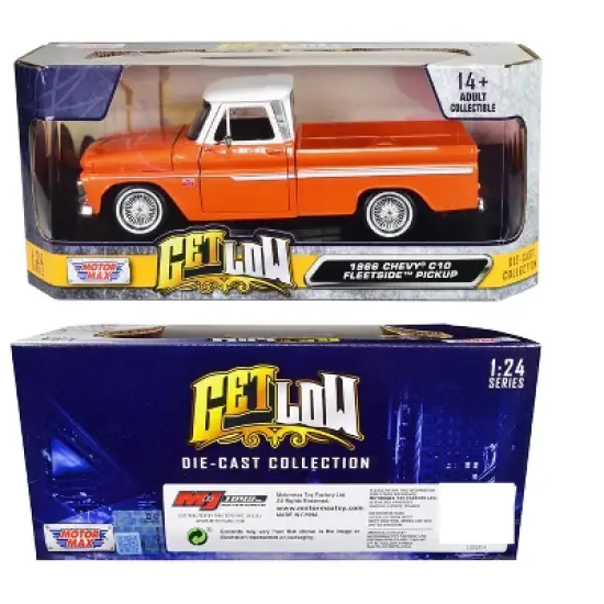 1966 Chevrolet C10 Fleetside Truck Lowrider Orange Metallic with White Top "Get Low" Series 1/24 Diecast Model Car by Motormax image {2}