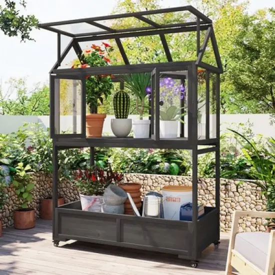 Hrinhom 47.2"W Garden Wood Portable Cold Frame with Movable Wheels image {14}