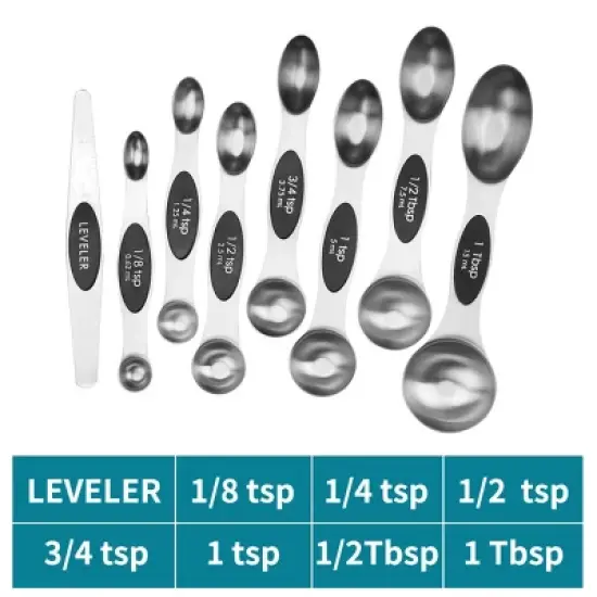 Modern Design Magnetic Measuring Spoons BLACK Set of 8 Stainless Steel Dual Sided Stackable Nesting TSP and TBS image {3}