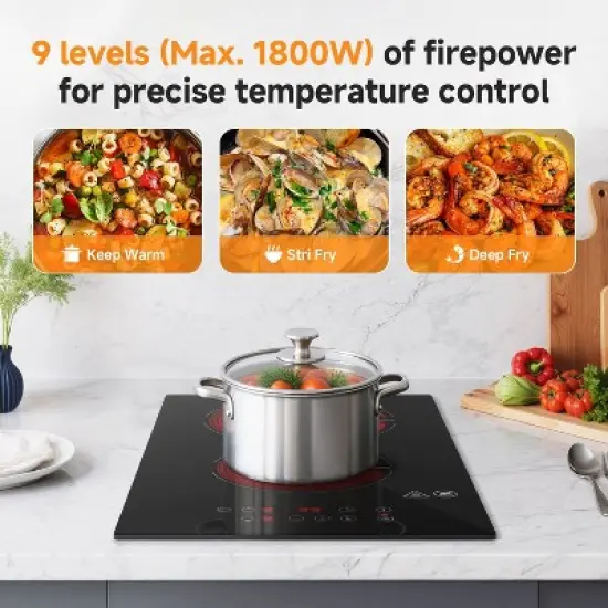 Induction Cooktop with 2 burner 800-1800W, 9 power Dual Hob with Child Lock, Timer, Pause Function, Residual Heat Indicator, Sensor Touch Control image {3}