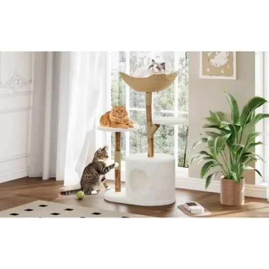 Modern Wood Cat Tree Tower for Large Cats, Luxury Pear Wood Condo, Platforms, Scratching Posts, All-Season Mats, 43" Cat Furniture image {7}