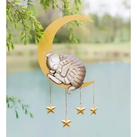 Wind & Weather Lighted Hanging Metal Moon with Animals Indoor/Outdoor Decoration - Cat image {1}