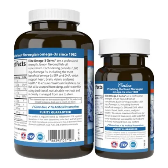 Carlson - Elite Omega-3 Gems, 1600 mg Omega-3s, Norwegian, Wild Caught, Sustainably Sourced, Lemon image {1}