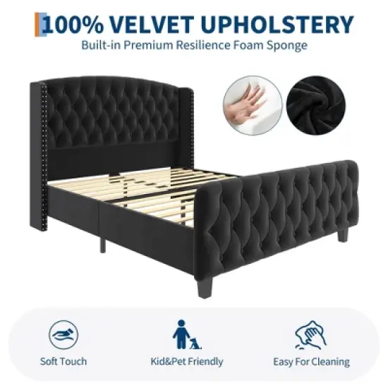 Bed Frame with Deep Button Tufted Wingback Headboard and Footboard, Velvet Upholstered Platform Frame, No Box Spring, Easy Assembly image {6}