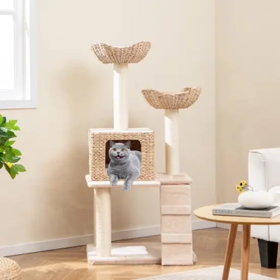 Tangkula 48" Cattail Cat Tower w/ Sisal Scratching Posts Perch Condo Basket Bed Ladder image {1}