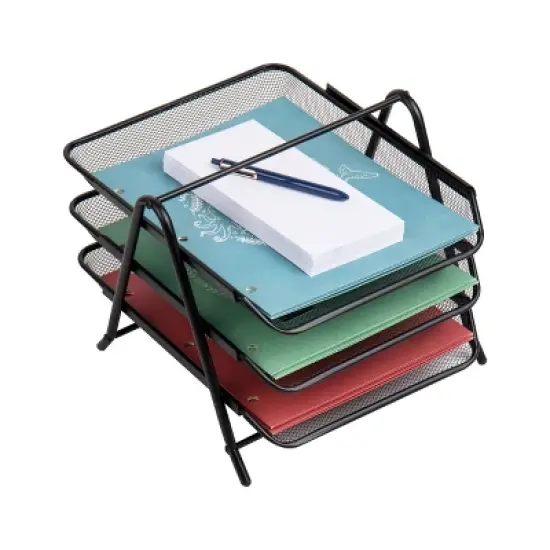 Mind Reader 3-Tier Paper Tray, Desktop Organizer, File Storage, Workspace, Office, Metal Mesh, 11.5"L x 13.75"W x 10"H, Black image {3}