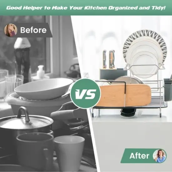 Costway 2 Tier Dish Drying Rack Rustproof Dish Rack and Drainboard Set Kitchen Counter image {5}