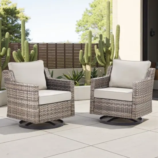 Buenhomino 3PC Patio Furniture Set - Swivel Rocker Chair Bistro Set with Rattan Side Table,Gray Wicker Blue Cushion image {10}