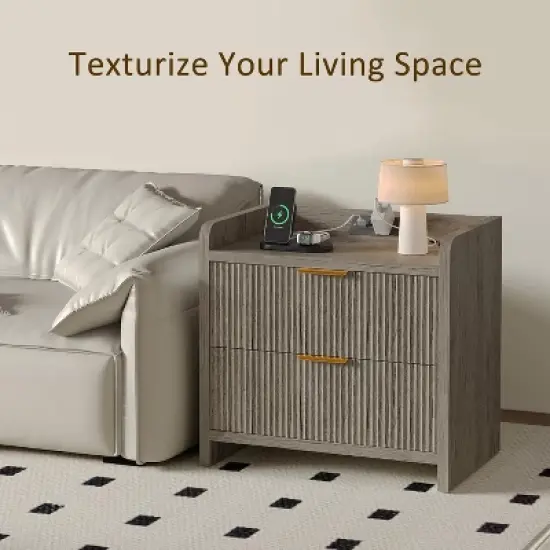 Boersma Fluted Nightstand Set of 2, 23" Modern Night Stand with Charging Station,Side Table with 2 Drawers,End Table with Storage,Farmhouse Sofa image {1}