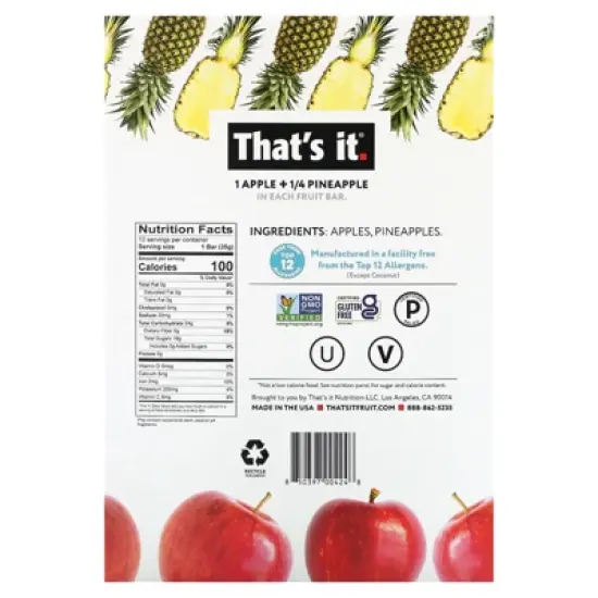 That's It Fruit Bar, Apple + Pineapple, 12 Bars, 1.2 oz (35 g) Each image {1}