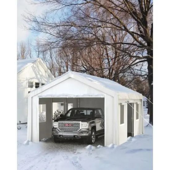 10x20 ft Carport, Portable Garage with 200 g PE Heavy Duty Canopy, 4 Roll-up Doors & 4 Mesh Windows, for Sedan, Pickup, and Bass Boat image {1}