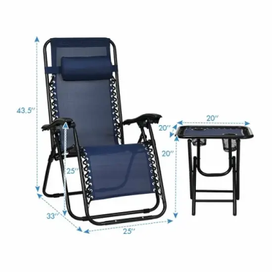 Costway 3PCS Zero Gravity Recliner Lounge Chairs Pillows Table Portable Folding Navy image {1}
