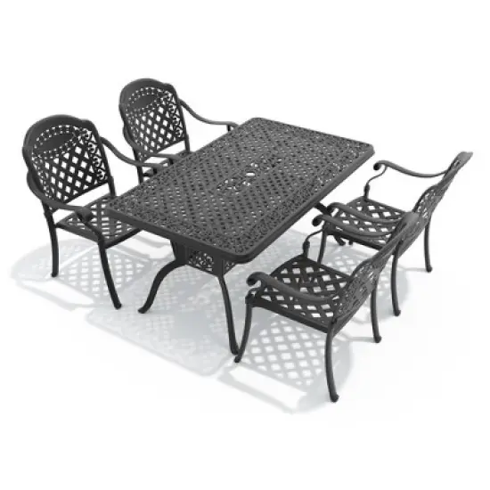5-Piece Cast Aluminum Outdoor Dining Set: Rectangle Table, Stackable Chairs & Red Cushions - All-Weather Patio Furniture for Your Backyard image {2}