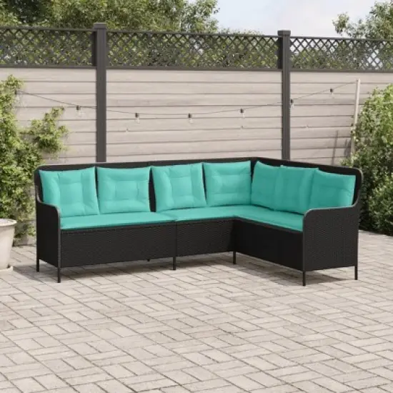vidaXL Outdoor L-Shaped Garden Sofa - Black Poly Rattan Patio Couch with Turquoise Cushions - 87"x64.2" image {2}