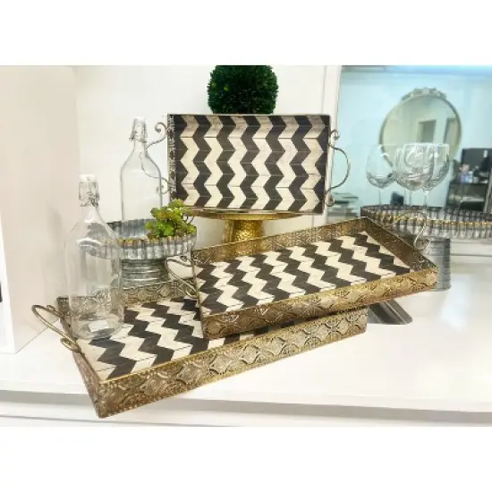 Essential Decor & Beyond Decorative Rectangular Metal Tray With Handle:  Black and White Chevron Pattern - 3PC image {3}
