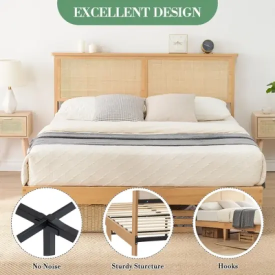 Rattan Bed Frame Full with Natural Rattan Headboard,Bohemian Rattan Full Size Bed Frame with LED Lights, With Silent Slats,No Box Spring Needed (Full) image {3}