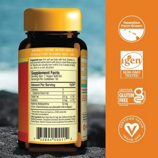 BioAstin Vegan Hawaiian Astaxanthin - Support Immune & Joint Health - Non-GMO & Farm-Direct - 12 mg image {1}