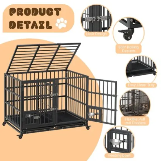 42"/48"/52" Heavy Duty Dog Crate, Extra Large Metal Dog Kennel with Roof Top, 2 Door Pet Cage House with Removable Tray and Wheels image {2}