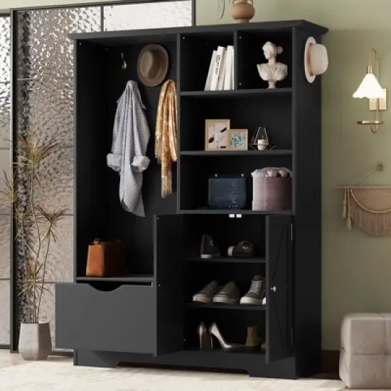 TIRAMISUBEST Hall Tree with Bench & Storage - Modern Entryway Organizer with Drawers, 5 Hooks & Shoe Cabinet, Black image {1}