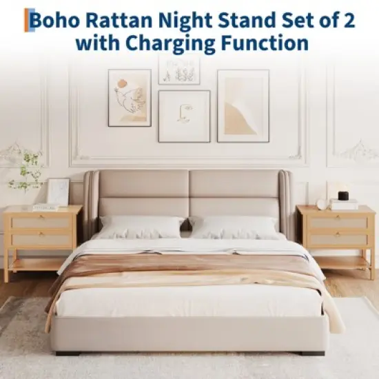 Rattan Night Stand Set of 2, Boho Nightstand with 2 Drawers and Storage Shelf, Modern Farmhouse Nightstand, Side Tables for Living Room, Bedroom image {6}