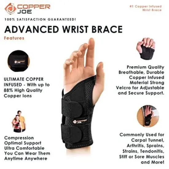 Copper Joe Ultimate Copper Infused Wrist Brace for Carpal Tunnel Tendonitis Arthritis Day and Night Wrist Support Brace Men & Women Left or Right Hand image {3}