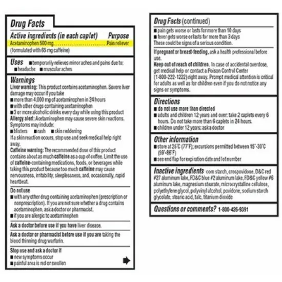 Leader Tension Headache Acetaminophen/Caffeine 500-65mg Caplet, 100 Count image {1}