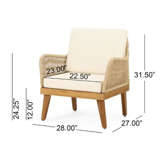 GDFStudio Hueber Outdoor Acacia Wood and Rope 4 Seater Chat Set with Cushions, Teak, Light Brown, and Beige image {3}