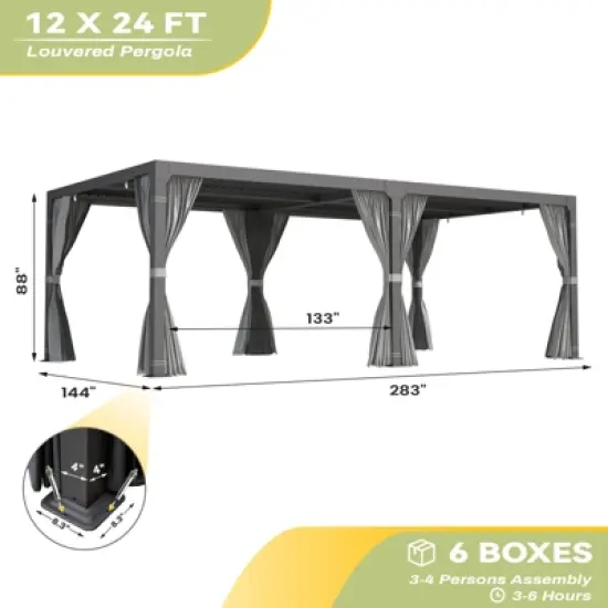 EROMMY 12'&times;24' Outdoor Louvered Pergola with Adjustable Aluminum Rainproof Roof,Black image {4}