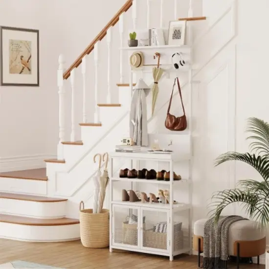 31.5" Hall Tree Entryway Table with Coat Rack, Console Table with 2-Tier Storage Shelves, Shoe Rack Organizer, 7 Hooks & Mesh Cabinet for Foyer/Door image {2}