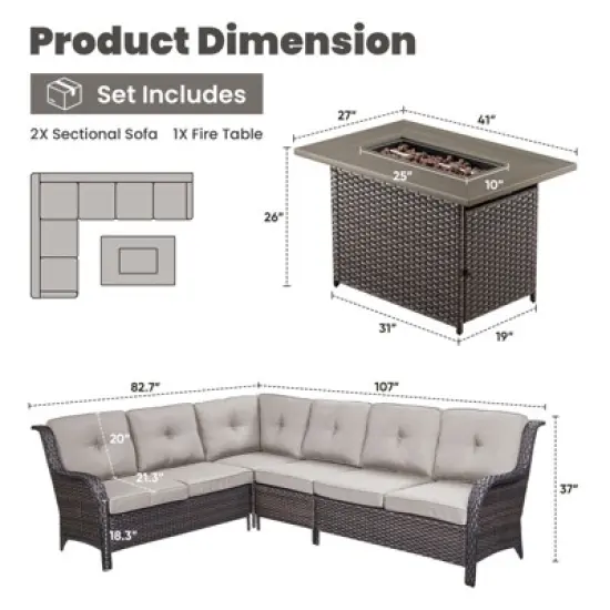 POCASSY Outdoor Sectional Sofa with Fire Pit Table - All Weather Brown Wicker Patio Furniture Set L Shaped Sectional Sofa with Fire Pit Table image {12}