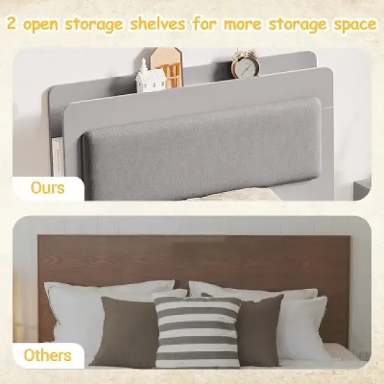 Twin Bed Frame with Upholstered Headboard and Storage &ndash; Wooden Platform Bed with 2 Drawers and 4 Open Shelves, Easy Assembly, Noise-Free, Grey image {3}