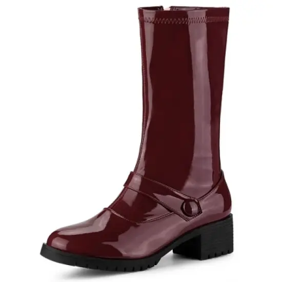 Allegra K Women's Round Toe Chunky Heels Patent Leather Mid Calf Boots image {8}